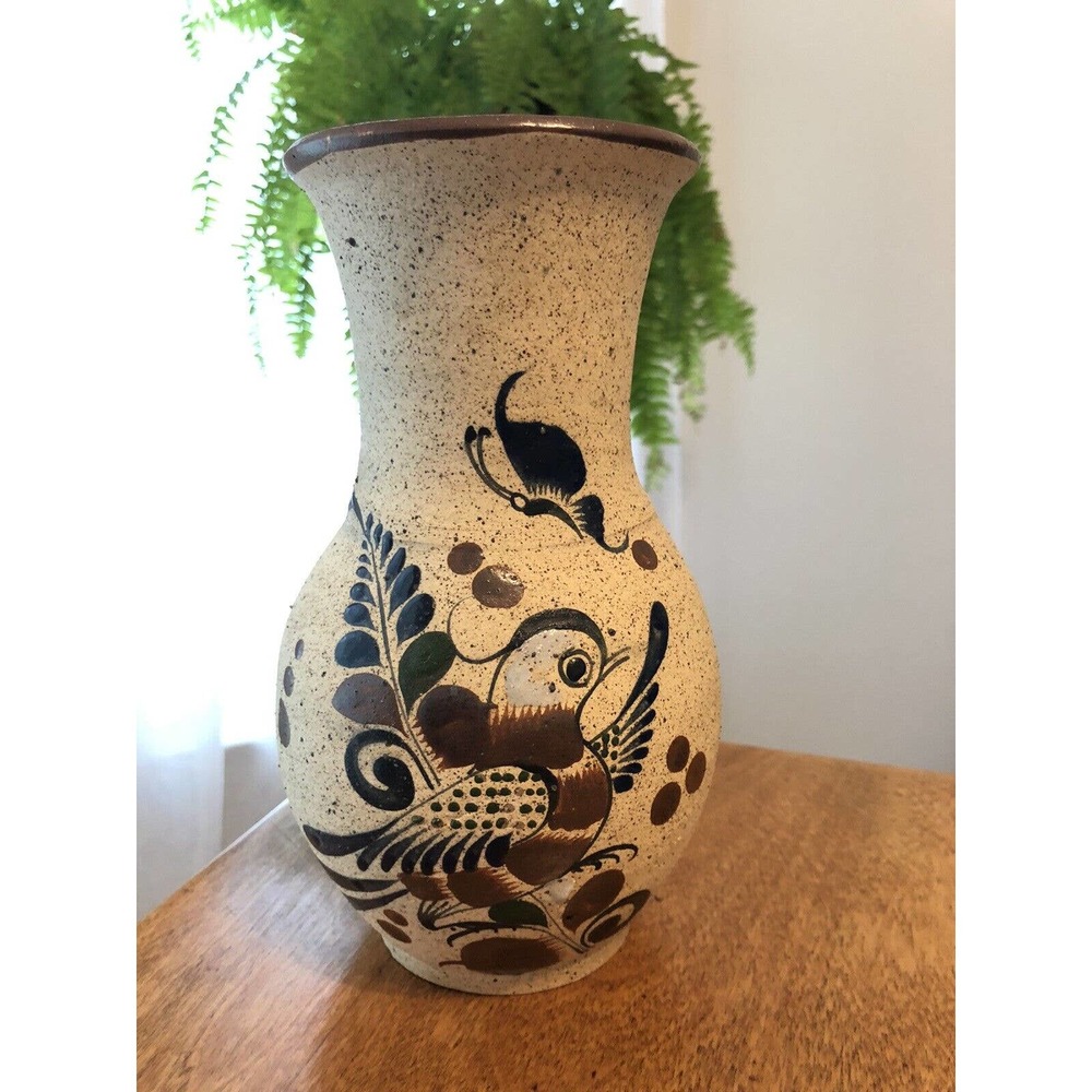 Talavera Mexican stoneware vase with bird Butterfly and flowers. 8” Tall